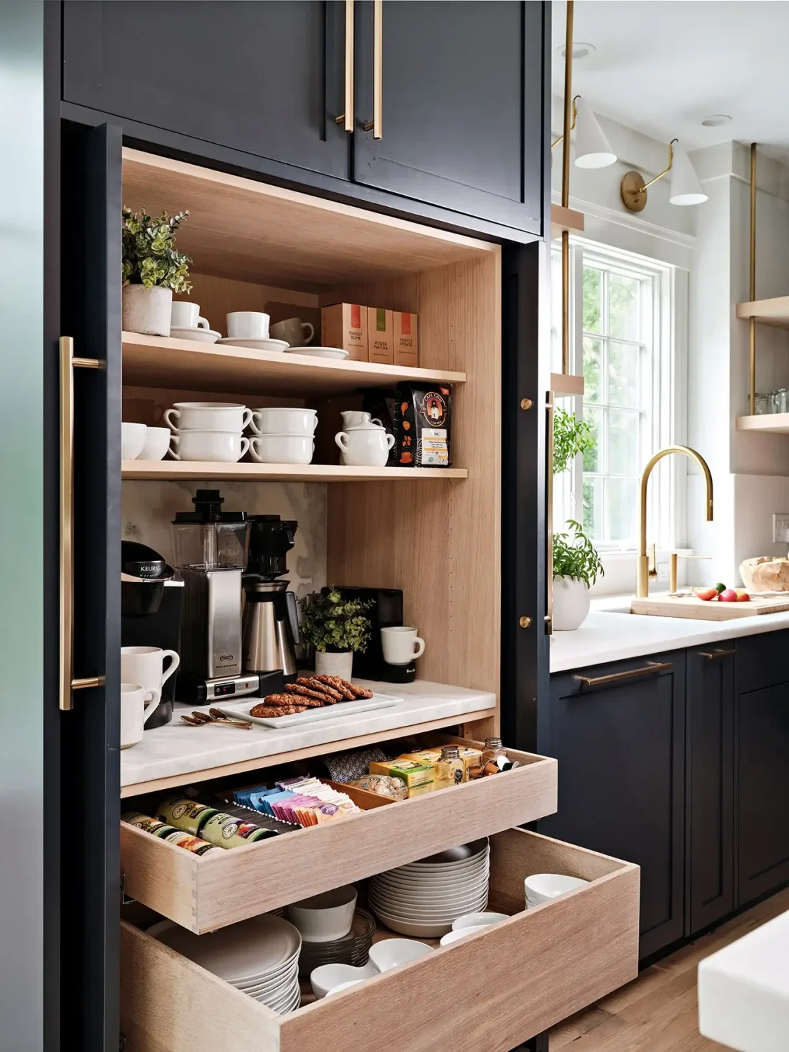 Hidden home coffee station inside navy cabinetry with marble counter and wood drawers