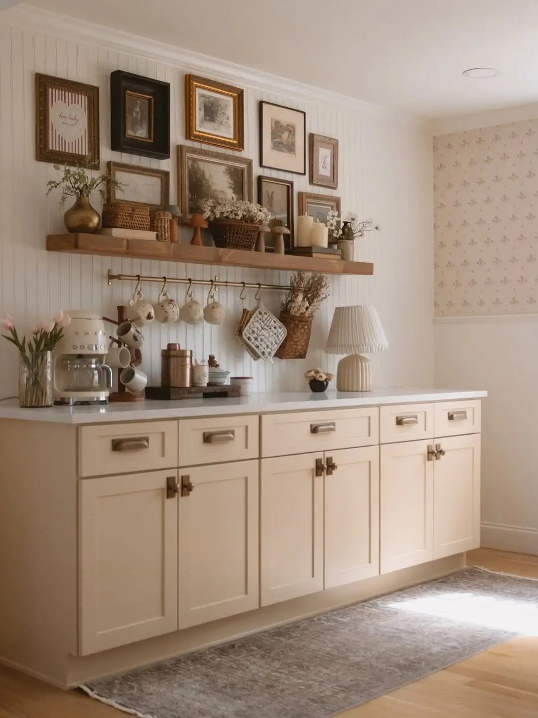 Cozy dining room coffee bar with vintage gallery wall, pleated lamp, and cream cabinetry