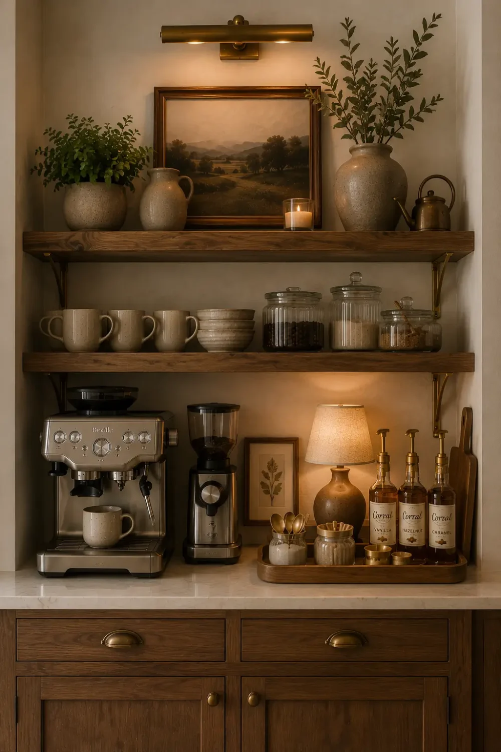 Warm wood home coffee bar with handmade ceramics, glass jars, brass accents, and natural textures styled on open shelves