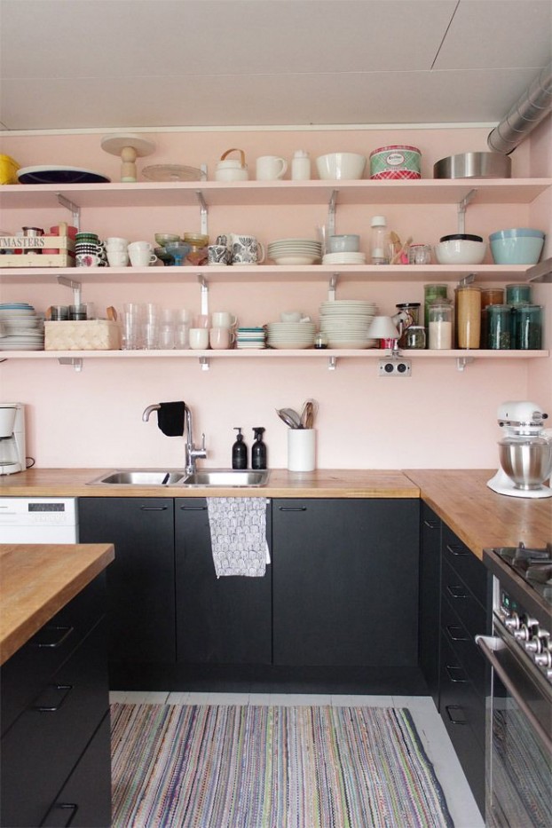 blush pink wood and black kitchen design with open shelves
