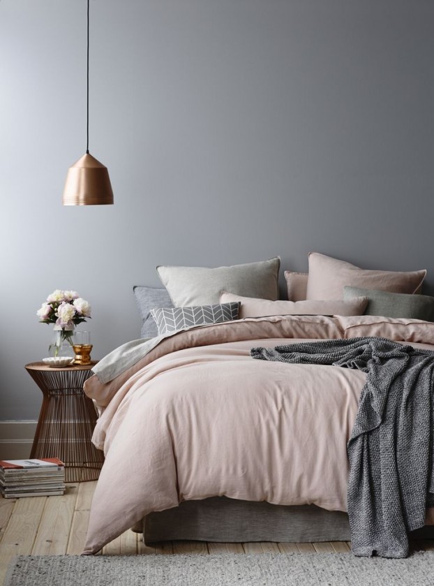 gray and blush pink bedroom