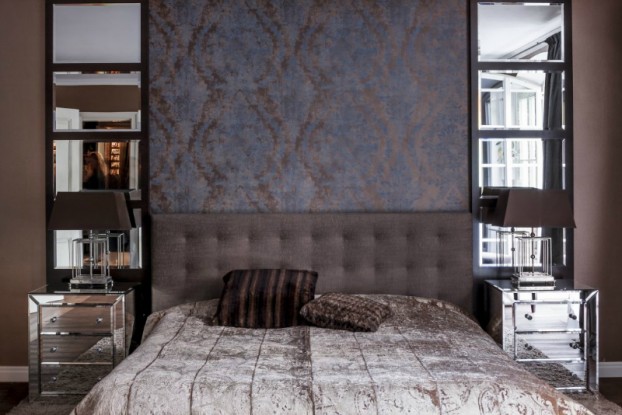 brown blue and beige elegant bedroom