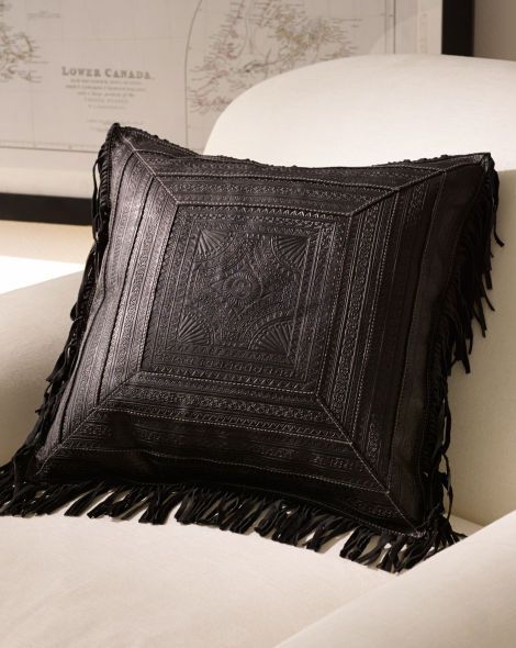 black leather decorative pillow with fringe