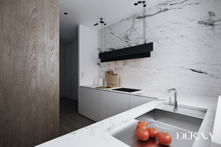 contemporary minimalist kitchen decorated with white marble worktop and backshplash 2