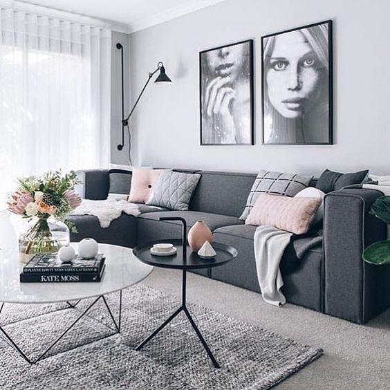 scandi syle living room idea with gray sofa