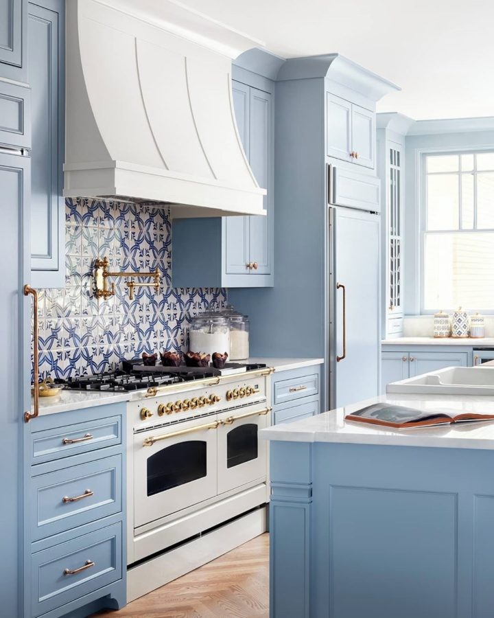 light blue classic kitchen design with gold hardware