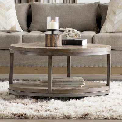 Drossett Wood & Iron Design Round Coffee Table with Casters in Light Mahogany