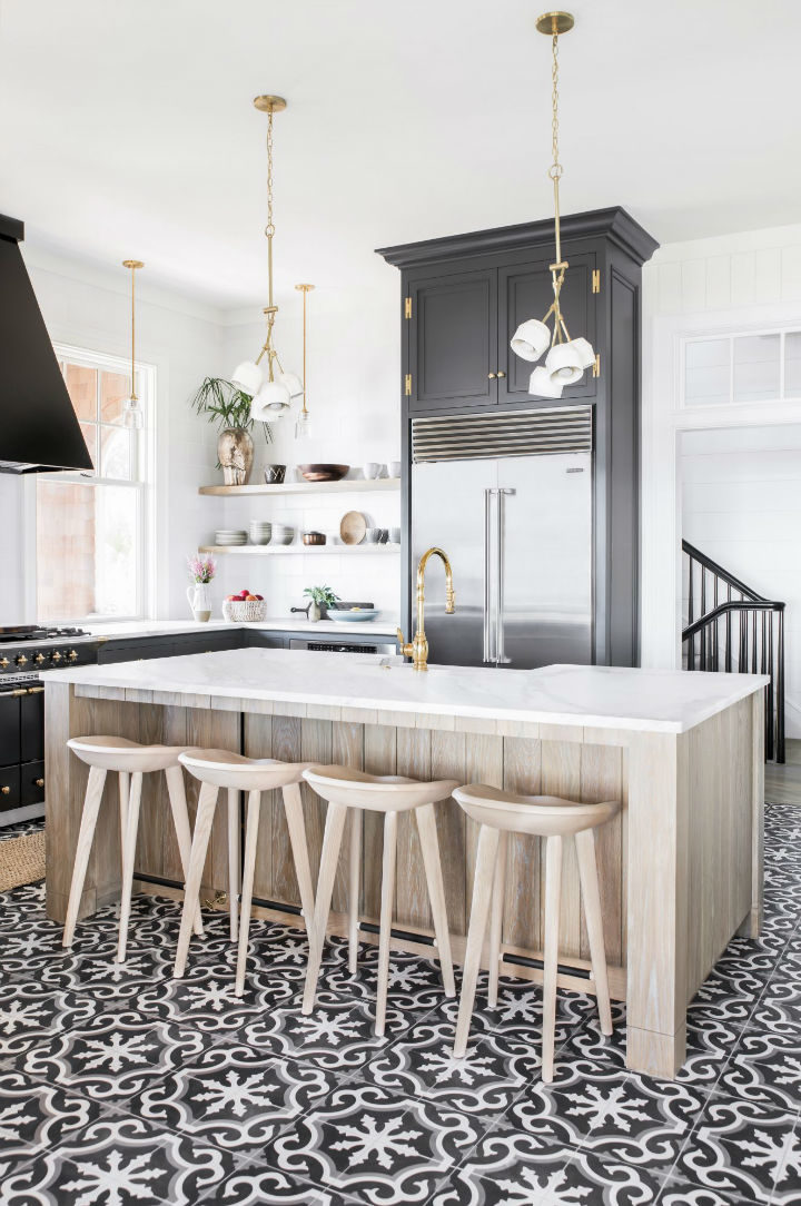 black and white kitchen with wood island and stools