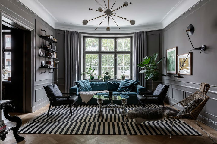 Scandinavian living room decor with grey walls