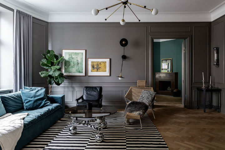 Scandinavian living room decor with grey walls 2
