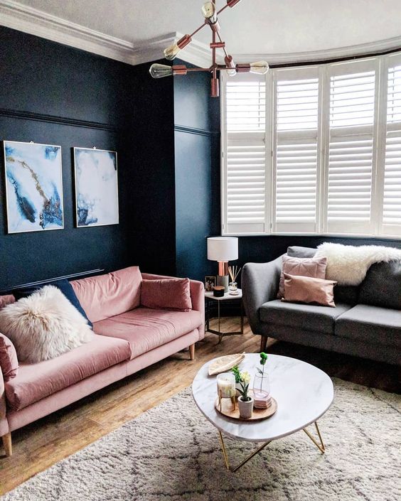 Grey and Blush Pink Living Room with black wall
