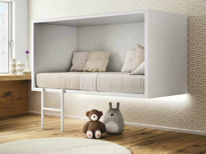 kids modern floating bed with white frame