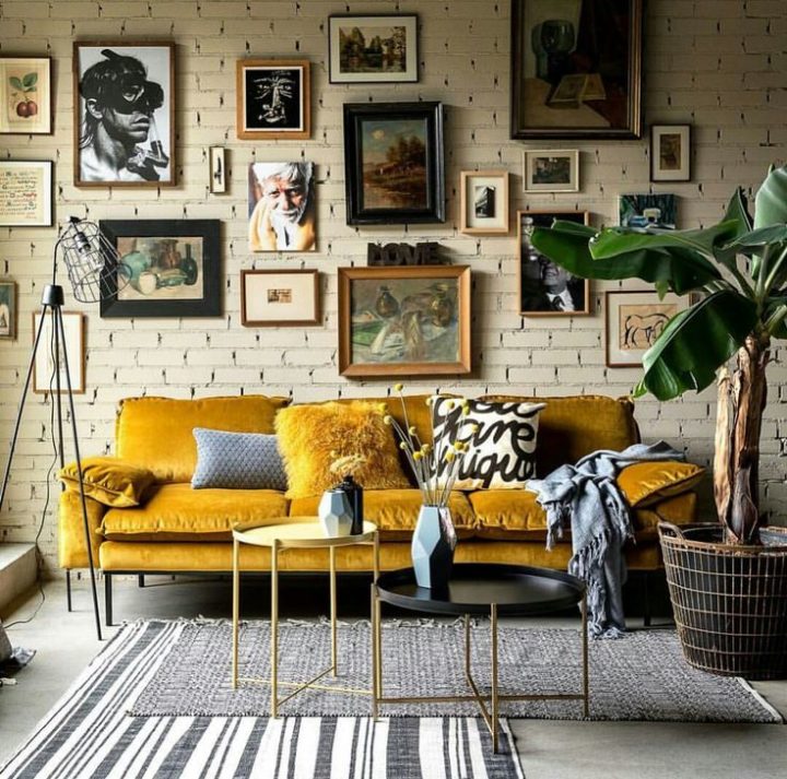 living room with mustard yellow sofa