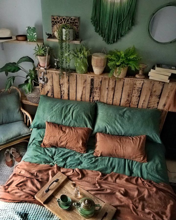 green and brown bedroom