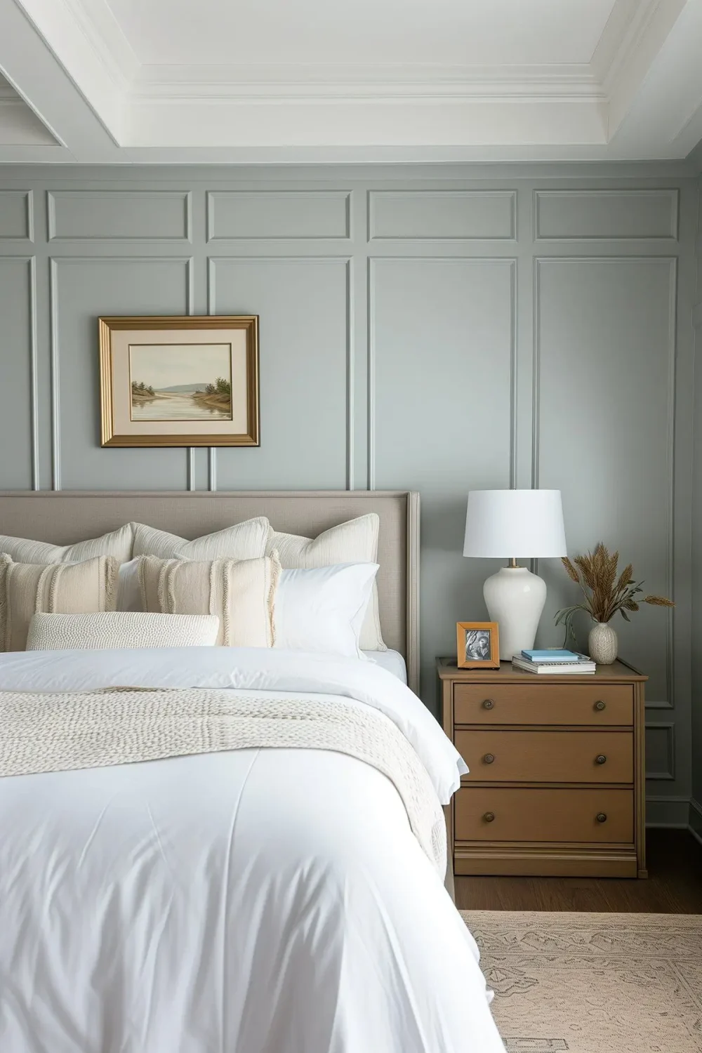 Benjamin Moore Boothbay Gray bedroom with soft blue-gray walls, warm wood furniture, creamy bedding, and elegant traditional molding.