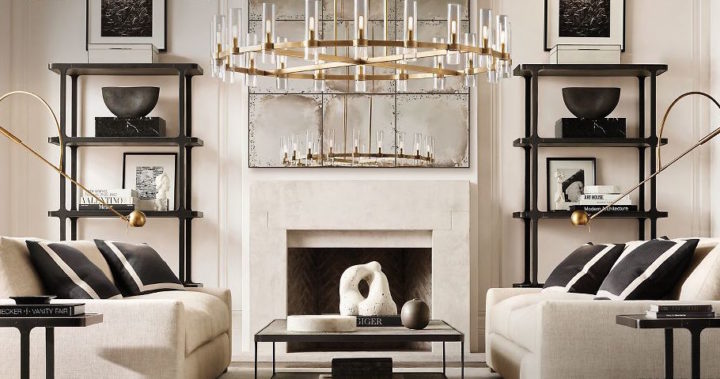 cream living room with gold chandelier