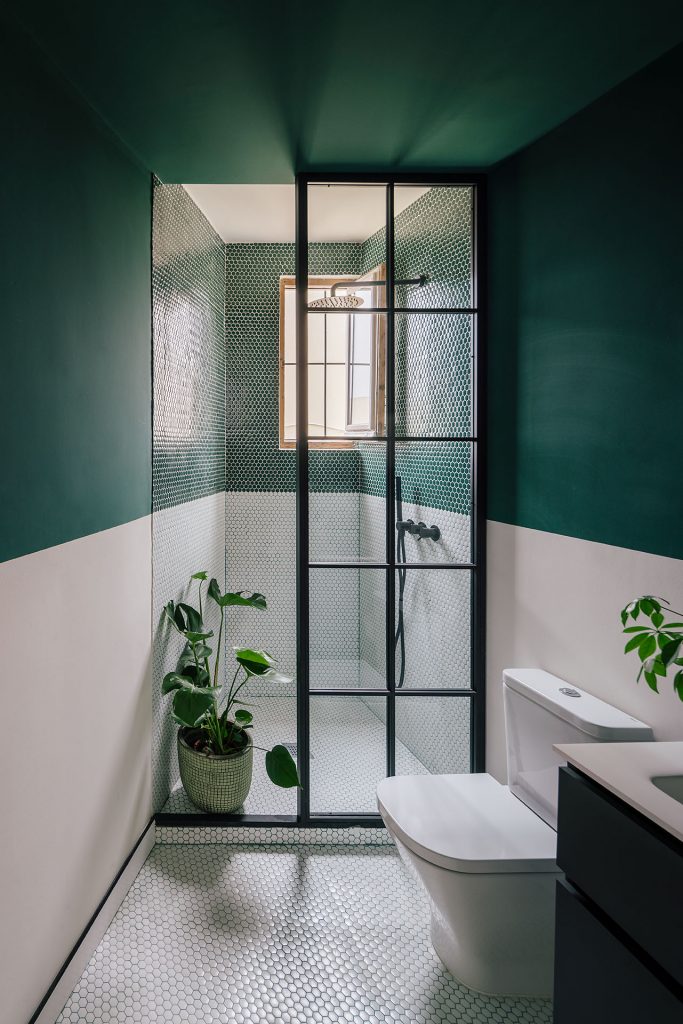 green and white bathroom