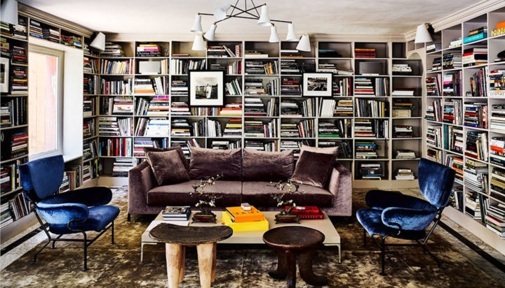 huge all-around bookshelf in Brigette Romanek's home