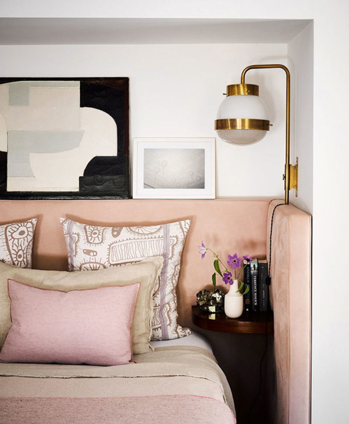 pink shades in bedroom with golden elements in Brigette Romanek's home