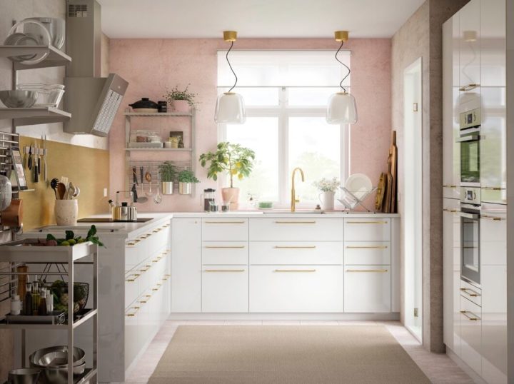 white IKEA kitchen with pink wall Without wall units
