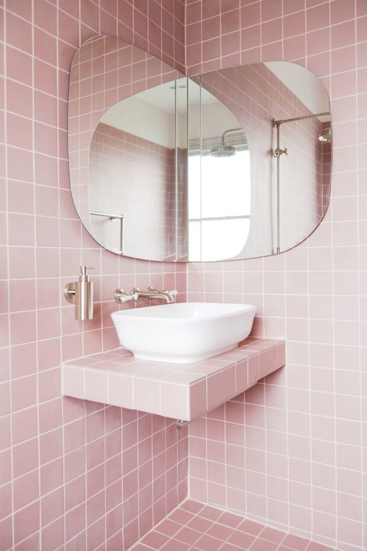 pink bathroom with Folded Corner Mirror