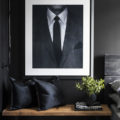 bedroom idea for men with black wall and black and white photography art