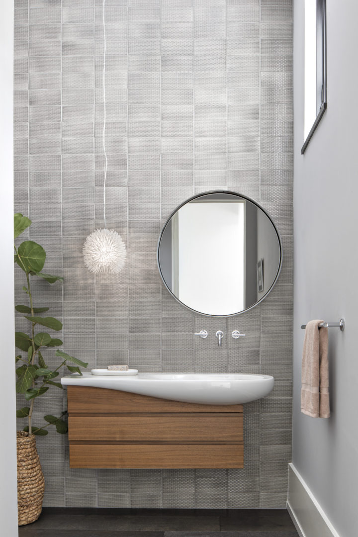 round bathroom mirror for coastal modern home