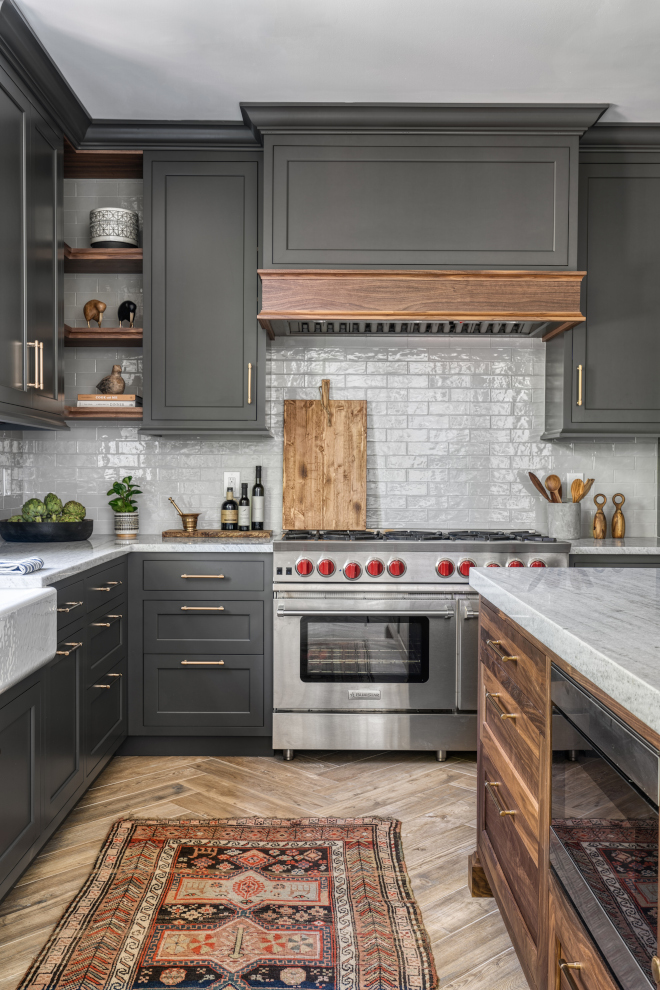 kitchen with deep dark grey cabinets and wood Black Walnut island
