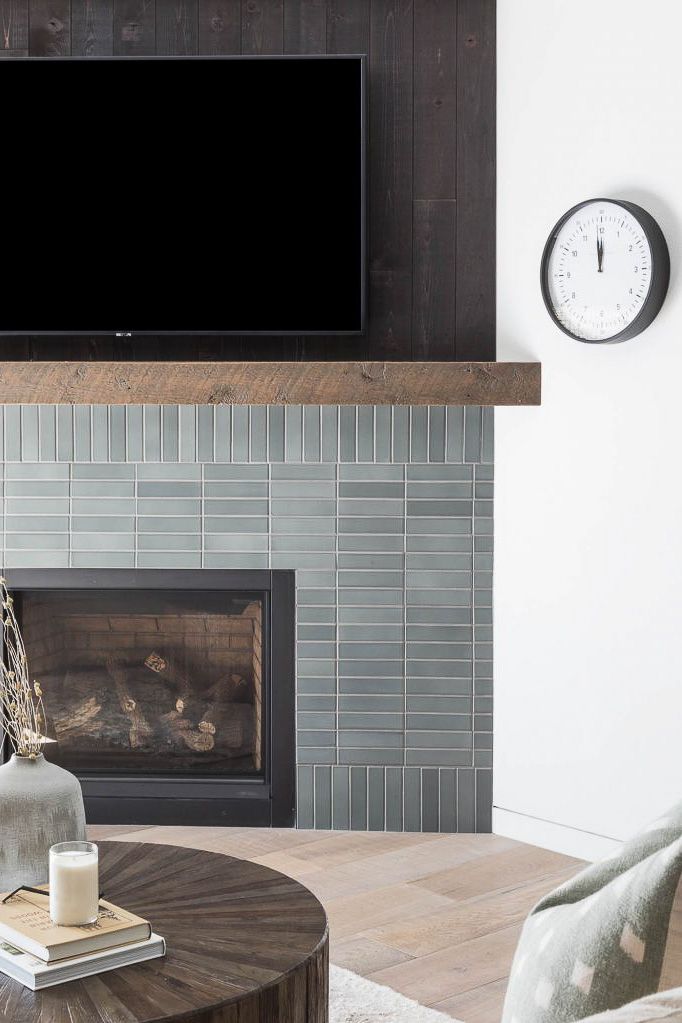 fireplace with grey tiles