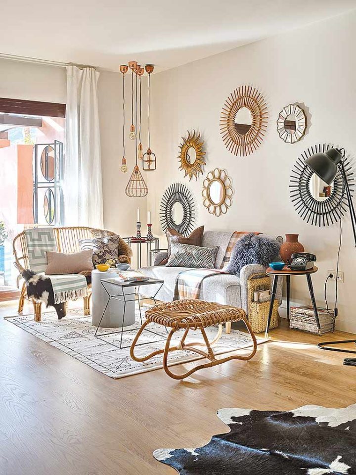 living room wall decoration with five round rattan mirrors
