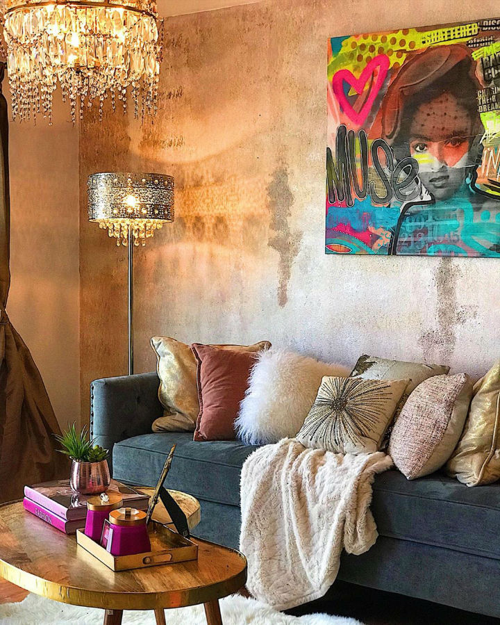 eclectic elegant living room with pop art wall decor 