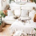 cozy boho living room with white sectional sofa