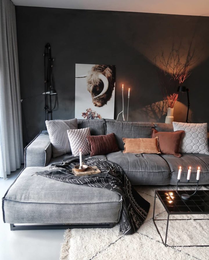 Grey brown and black living room color scheme idea