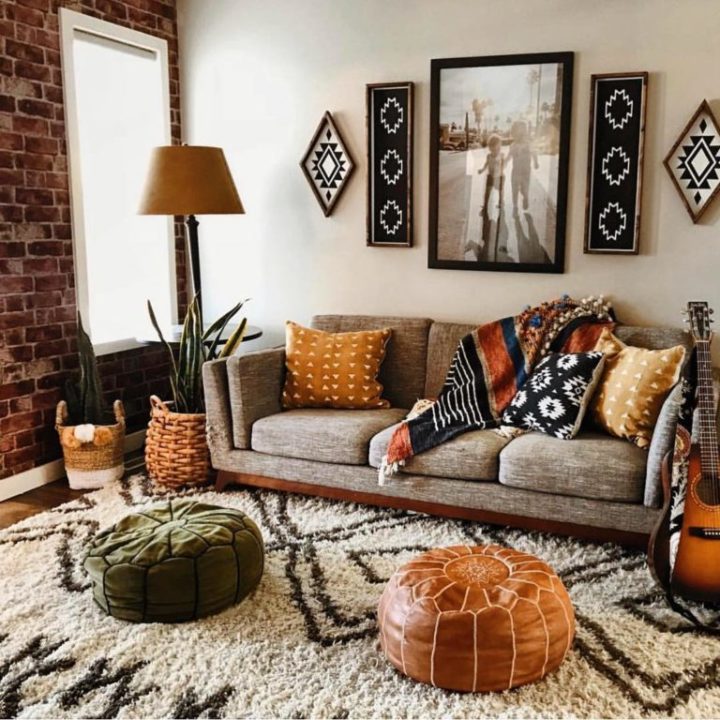 small living room with boho Ottomans
