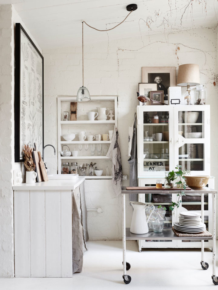 small white kitchen blending old and new design