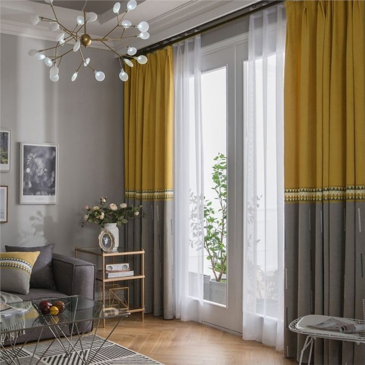 grey living room with Embroidered Yellow and Grey curtain