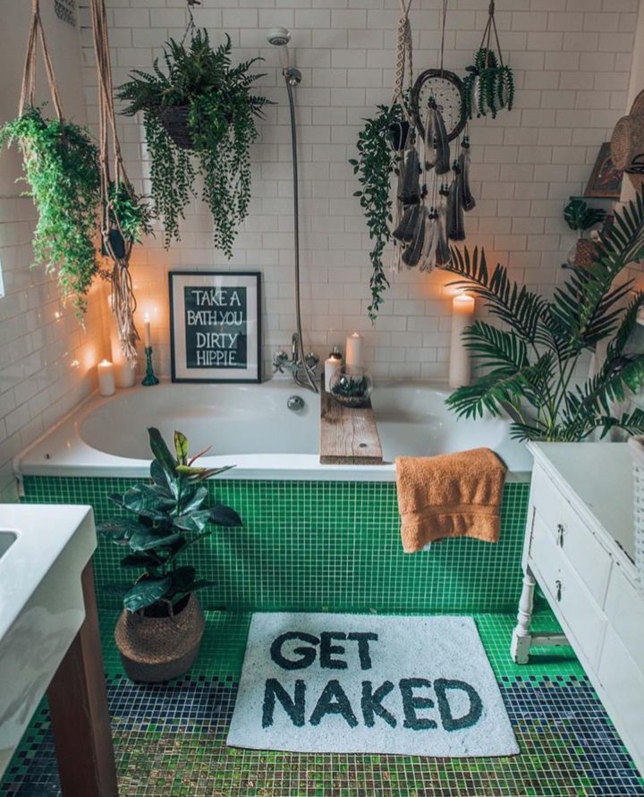 bohemian bathroom with green mosaic tiles