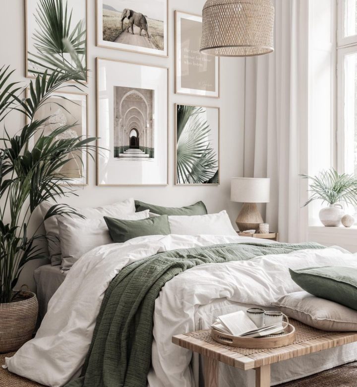 beige and green bedroom with coconut wall paint and poster wall gallery