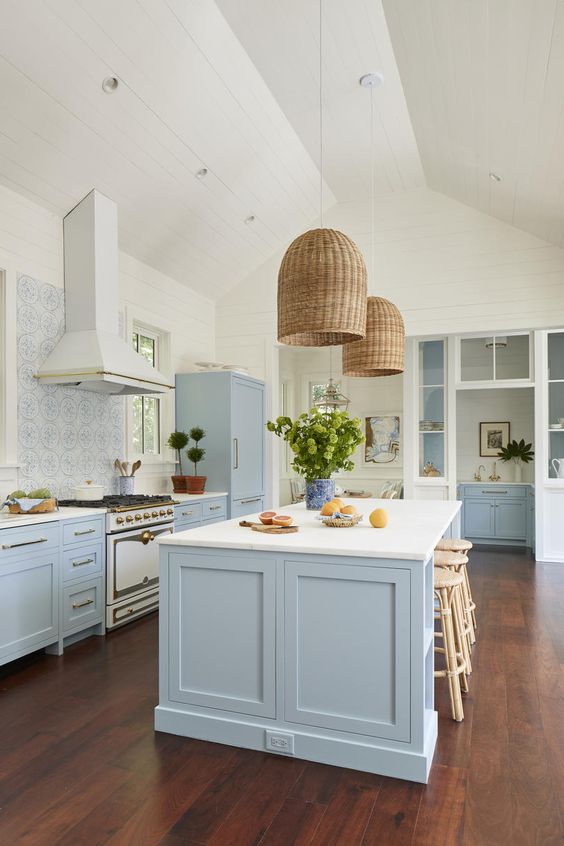 blue-kitchen-with-large-rattan-kitchen-lighting