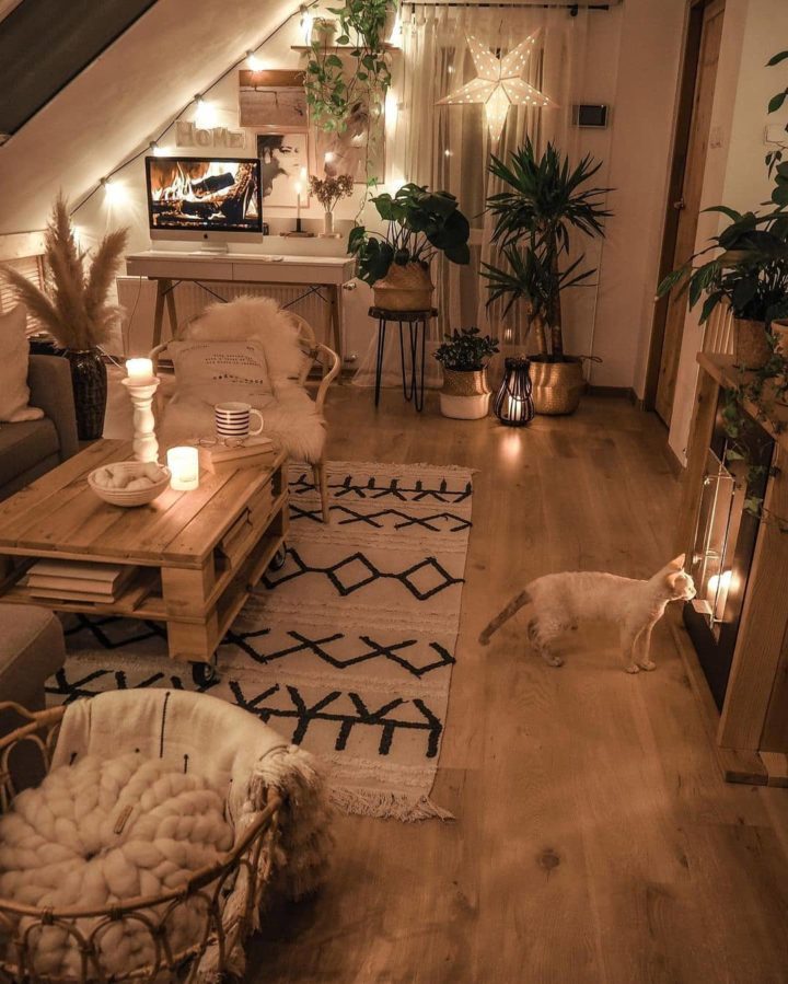 boho living room with moroccan washable rug 