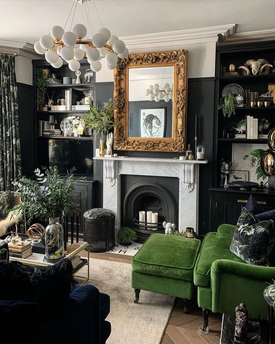 dramatic-living-room-with-black-walls-velvet-and-gold