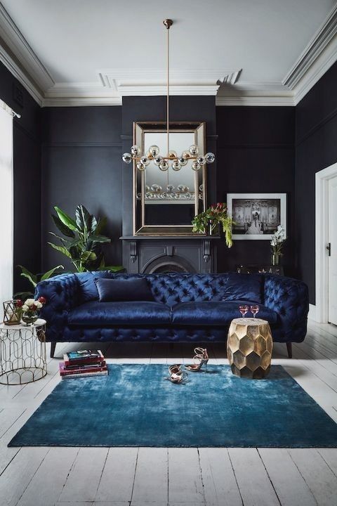 living-room-black-wall-and-dark-blue-velvet-sofa-1