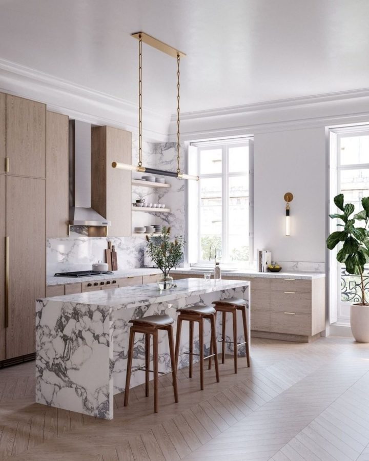modern-wood-kitchen-with-white-and-black-marble-island