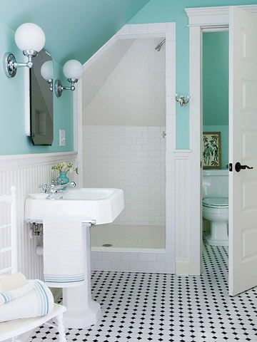 small-paint-color-turquoise-bathroom-with-black-and-white-flooring-tiles
