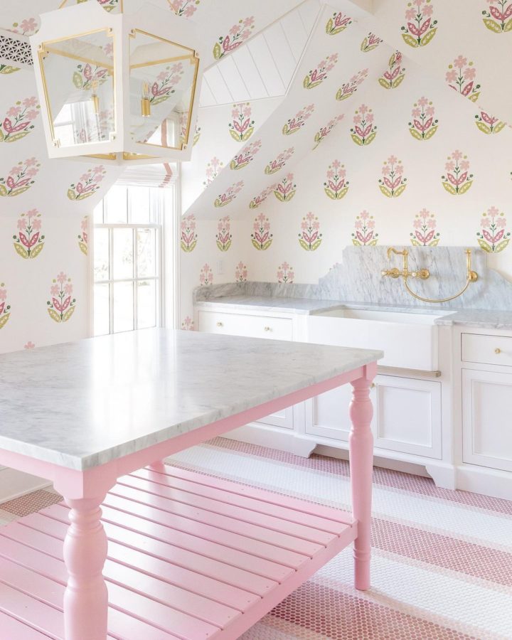 white and pink elegant laundry room with wallpaper
