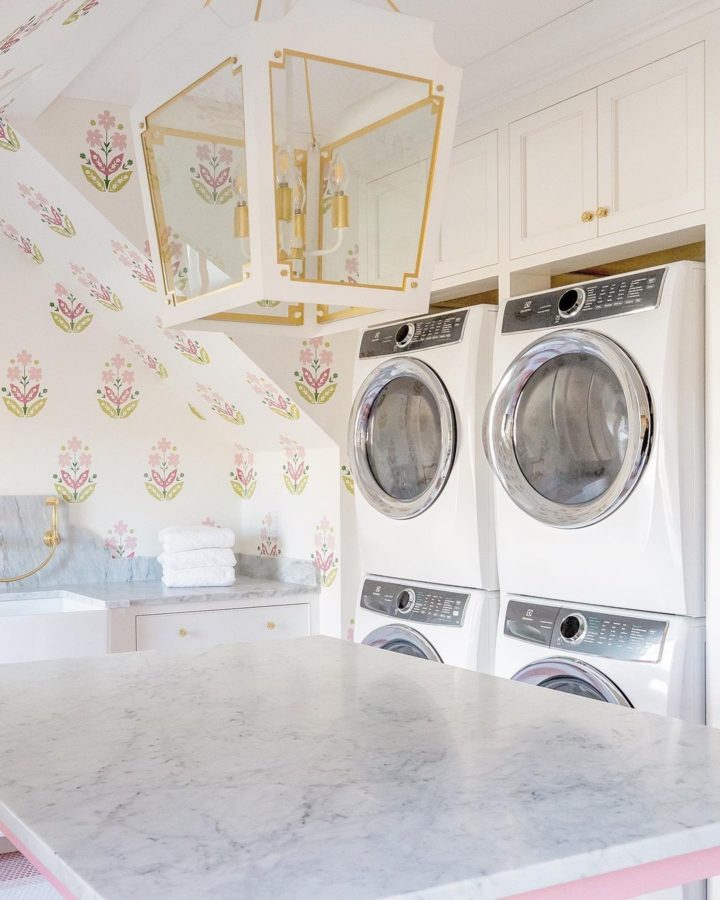 romantic girly laundry room with large lighting