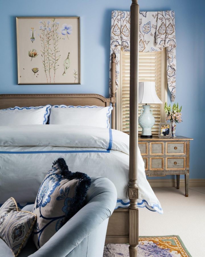 blue luxurious, romantic and neo-traditional bedroom