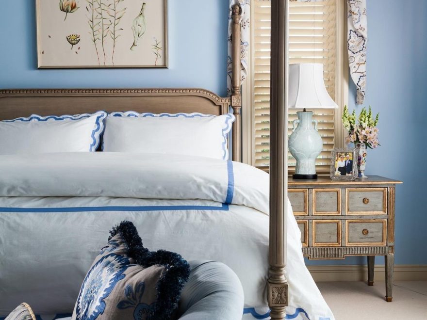 blue luxurious romantic and neo-traditional bedroom