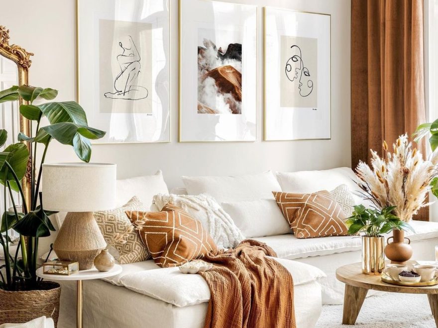 neutral living room with triptych poster wall art