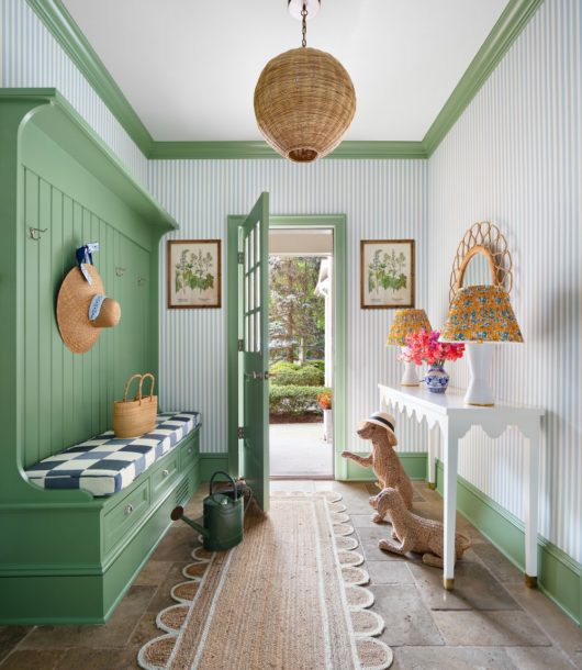 green entryway bench with storage
